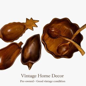 Vintage Carved Wooden Serving Bowl Set | Mid Century Teak Style | Rustic Home